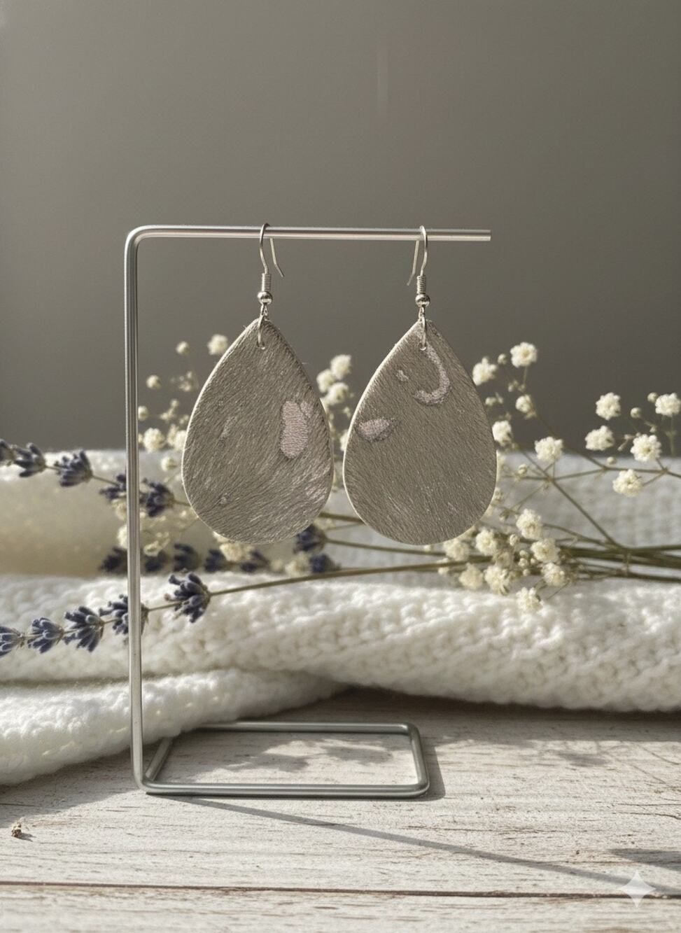 Artistic Acid Washed Silver Leather Teardrop Earrings